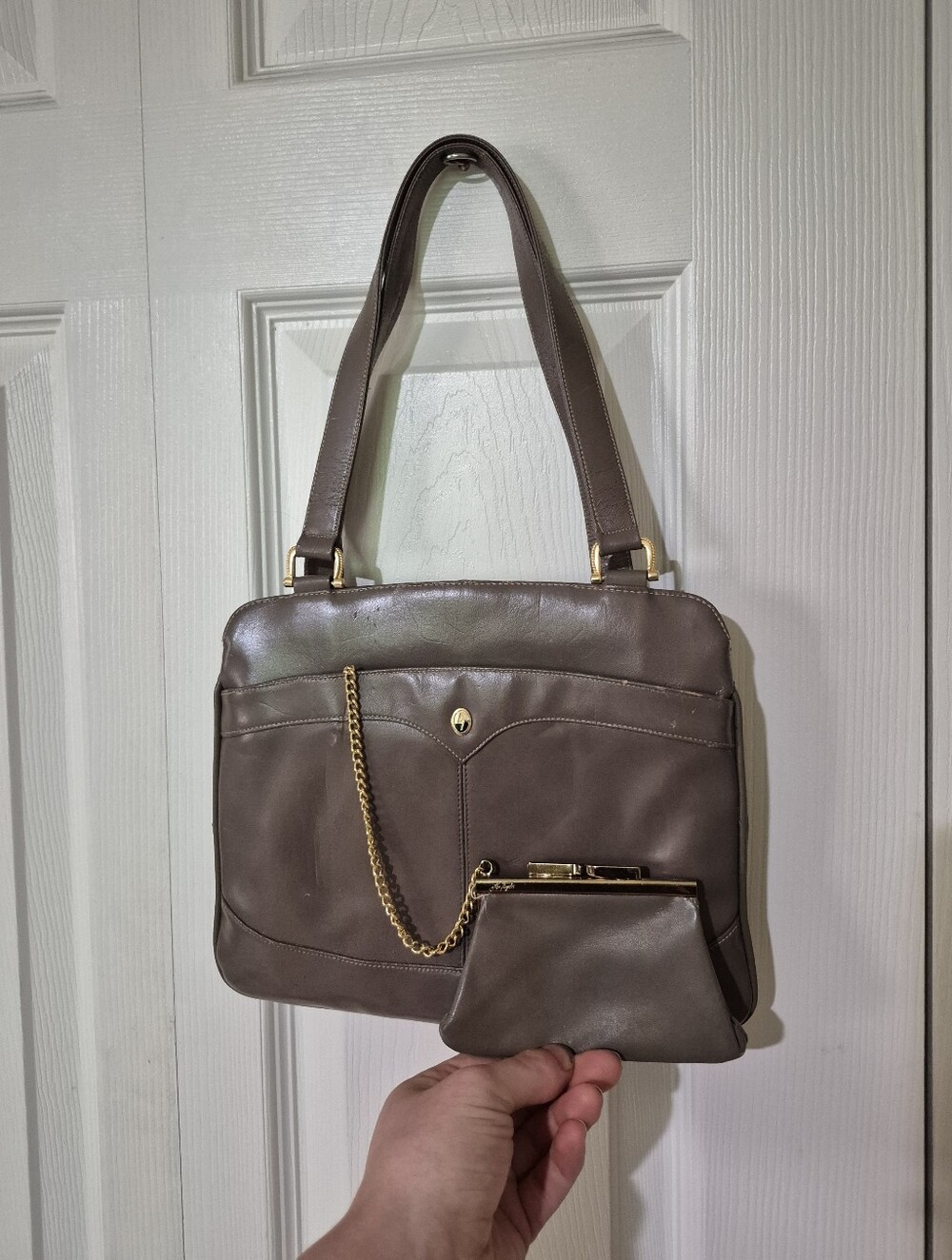 Lou Taylor Vintage Taupe Handbag With Swivel Mirror And Kisslock Clutch